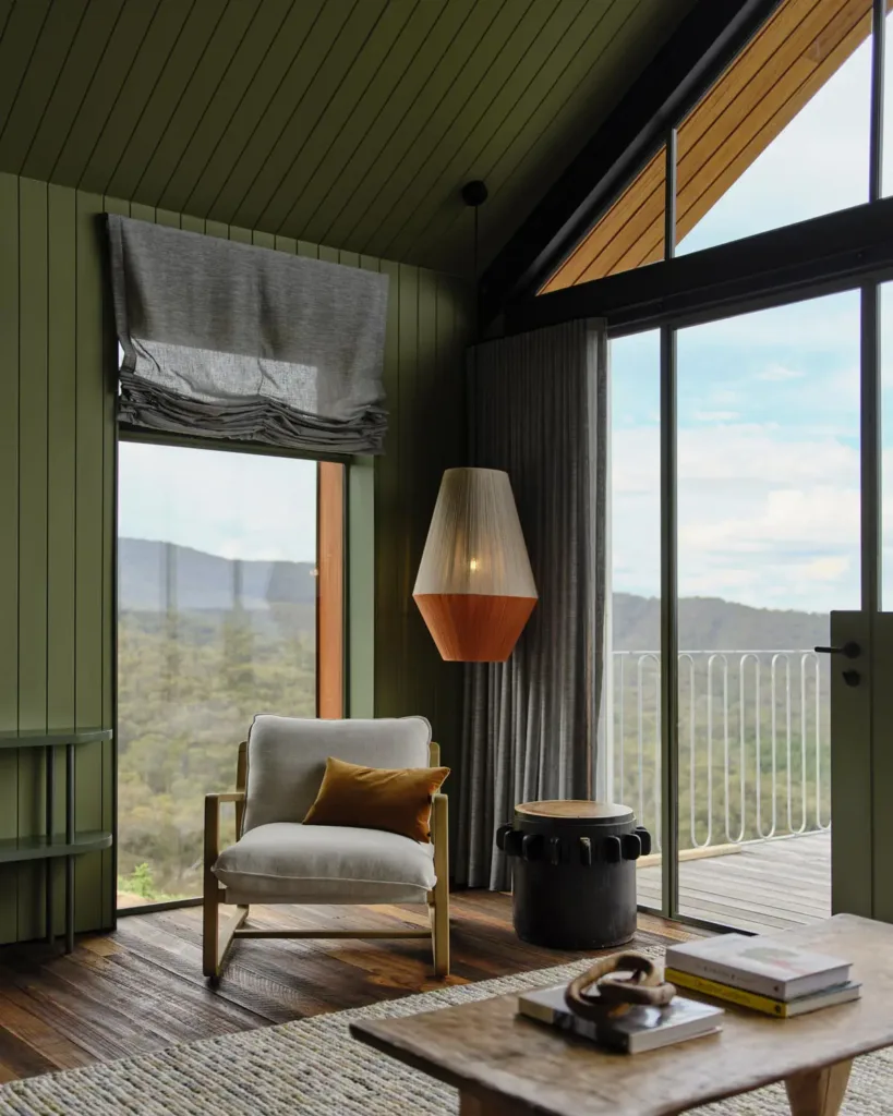 Steel-framed glazing and triangular highlight framing the landscape at Strath Creek Farm House.