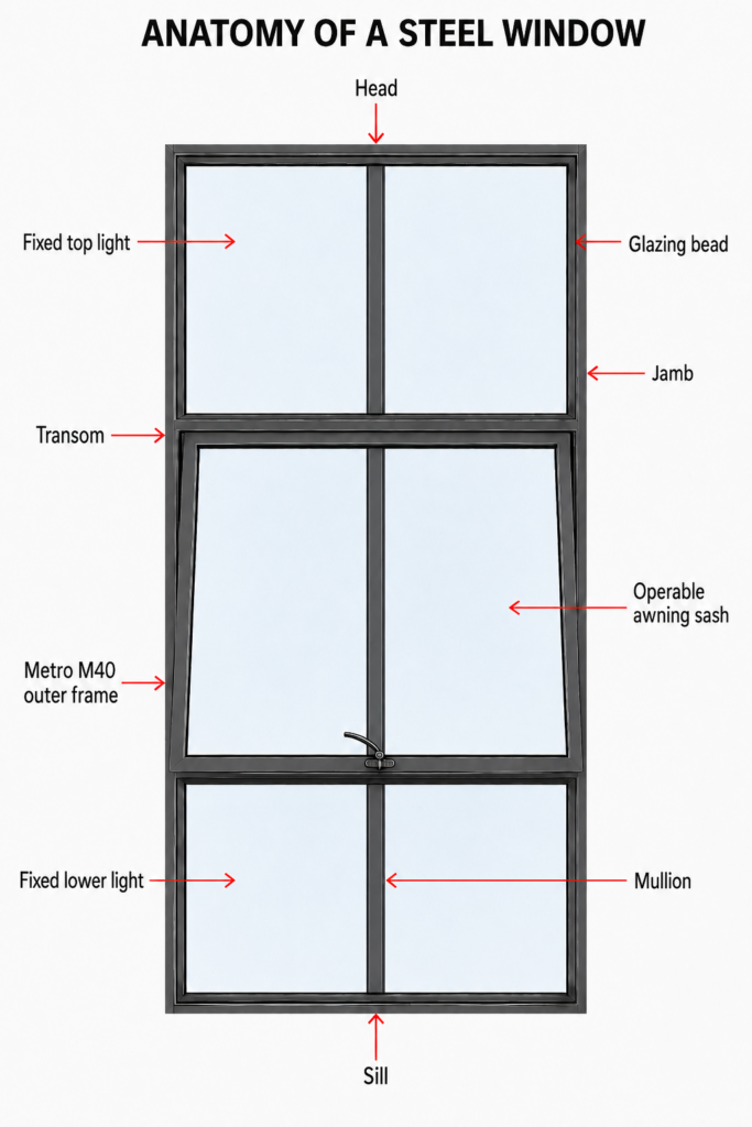 Annotated Metro M40 steel window showing the frame, glazing bead, transoms, mullions and operable awning sash.